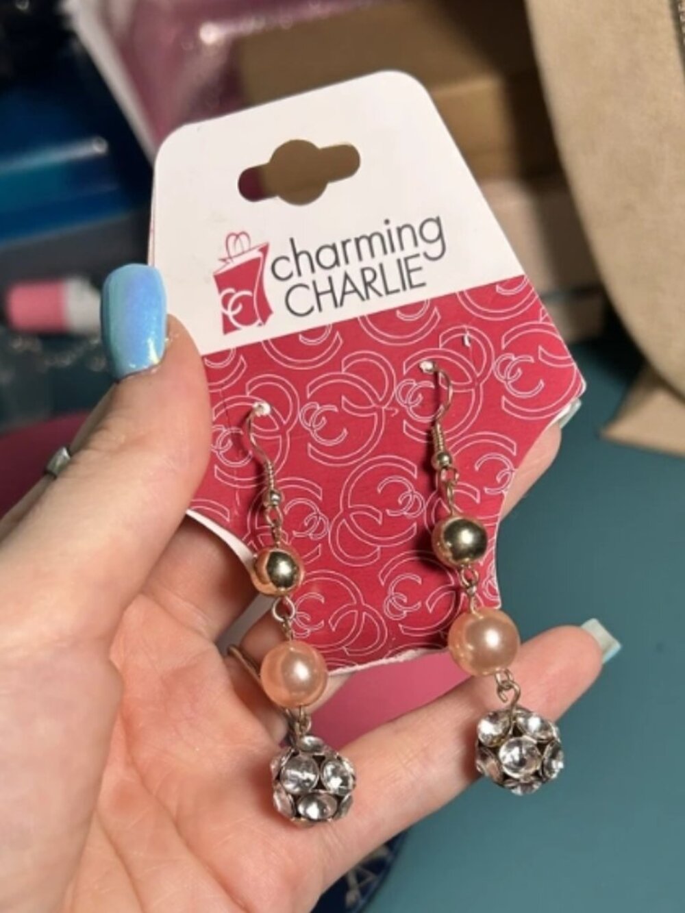 Charming Charlie Faux Pearl & Rhinestone Dangle Earrings Gold Tone